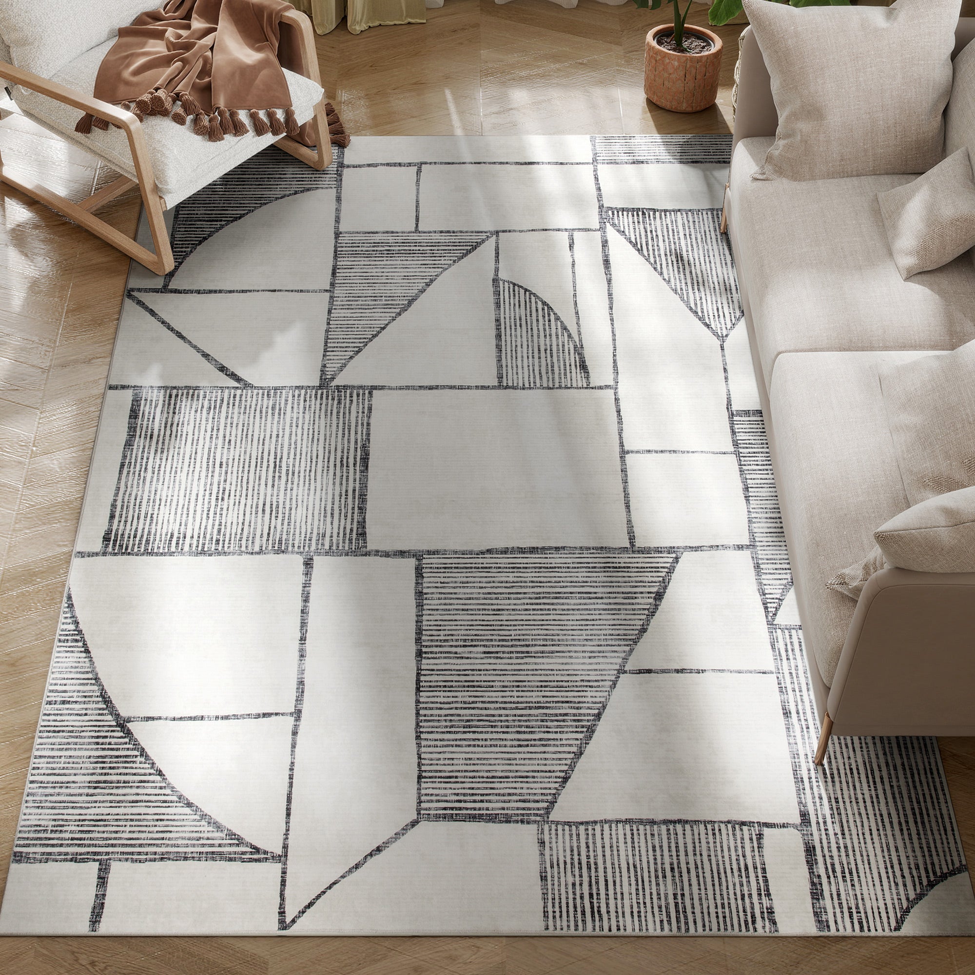 Modern Non-Slip Rug with Geometric Lines, in Multicolored Polyester, 230x160x0.7 cm
