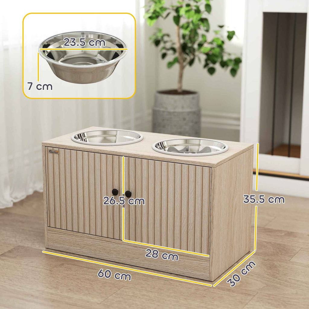 PawHut Dog Bowl Stand with 2 x 2L Stainless Steel Bowls and Lower Cabinet, Wooden, 60x30x35.5 cm, Oak