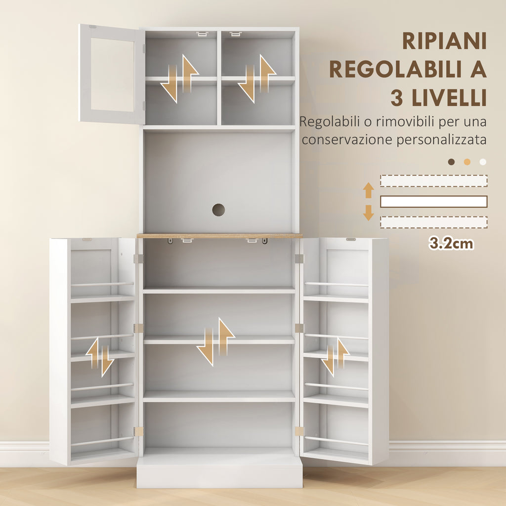 Kitchen Pantry Microwave Stand with Open Shelves and Cabinet with Spice Rack, 60x35x169 cm, White