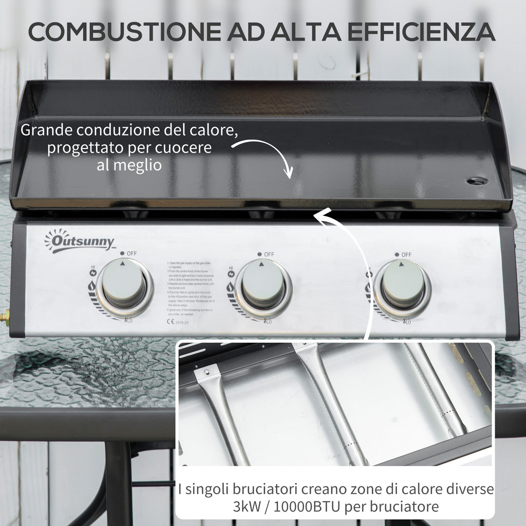 Outsunny Non-Stick Tabletop Gas Barbecue Plate with 3 3kW Burners, 62x46x21cm, Black - Borgè