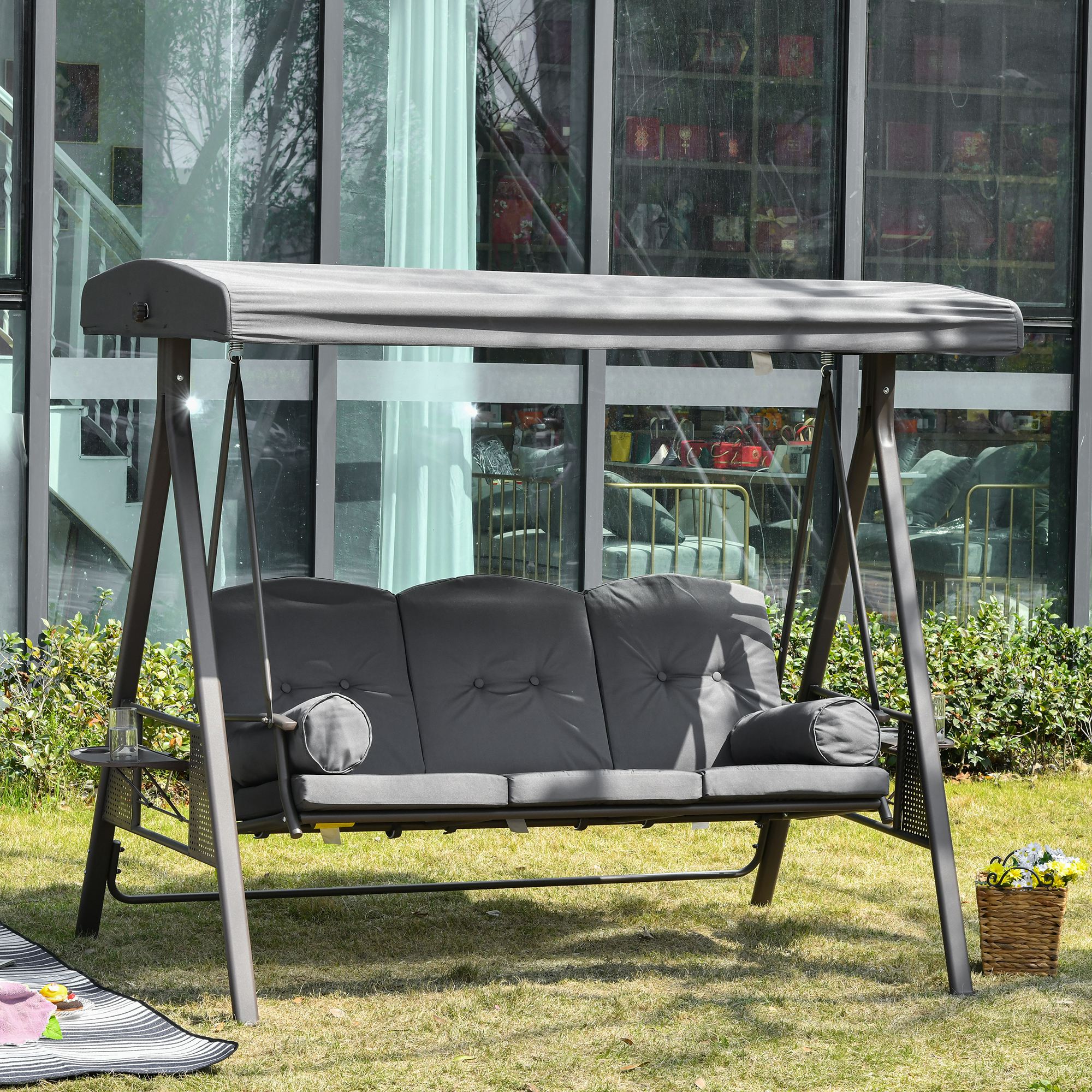 3-Seater Garden Swing with Adjustable Roof, Cup Holder and Cushions, 208x120x172 cm, Grey