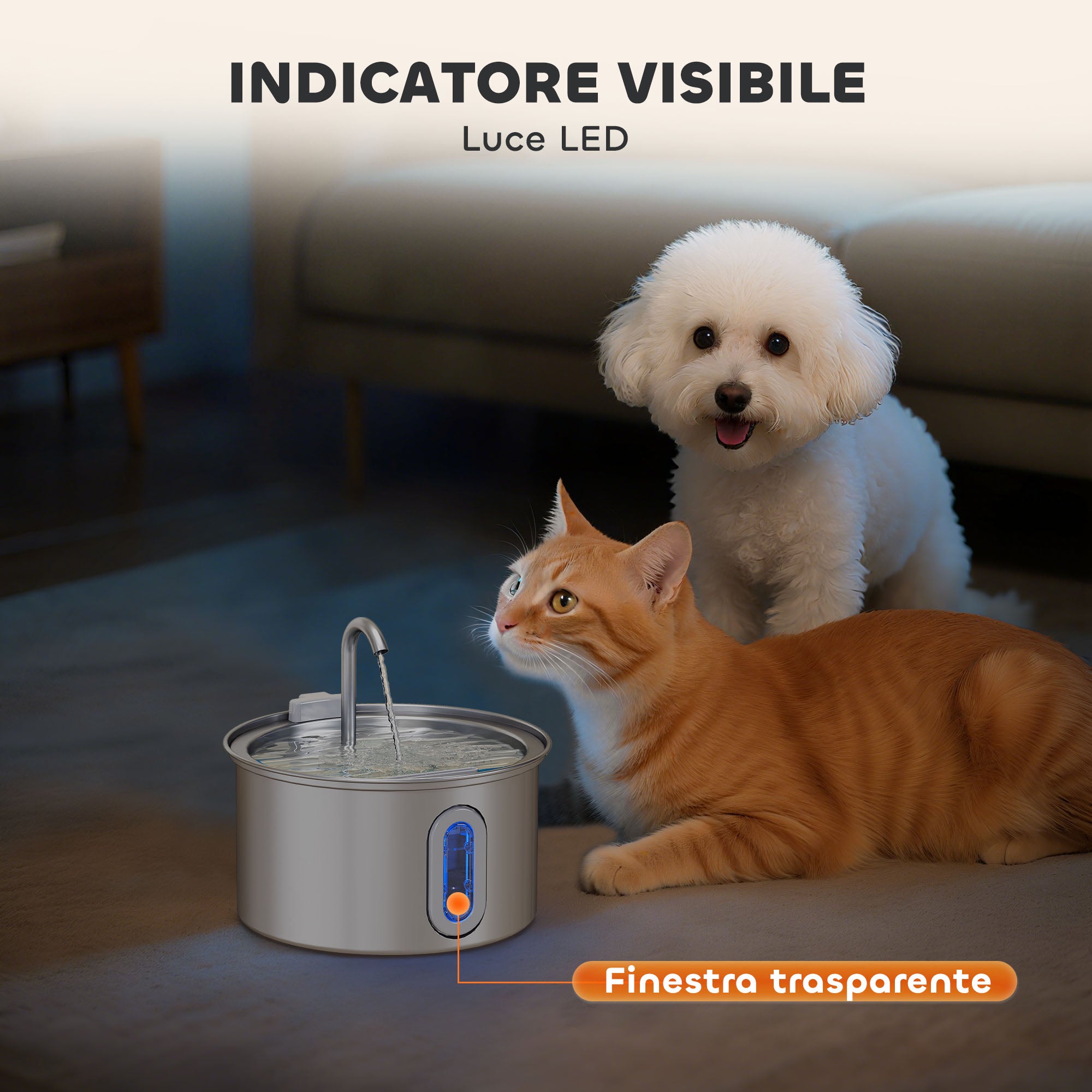 2.5L Cat Water Fountain with LED Light and 2 Flow Modes, Stainless Steel, 19.4x19.4x18.7 cm, Silve