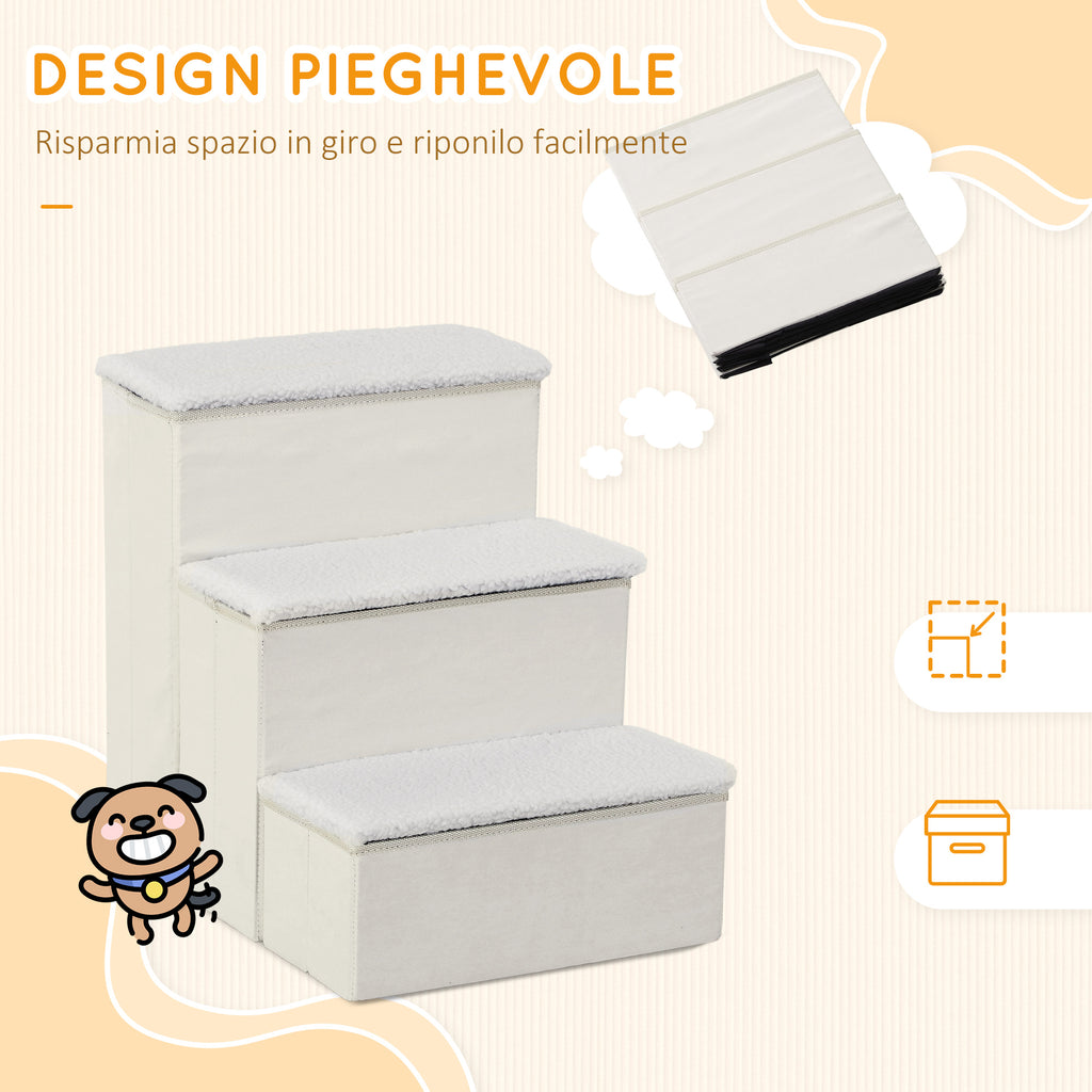 3-Step Dog Stairs with Storage Compartment, Foldable and Washable, 40x54x48 cm, White