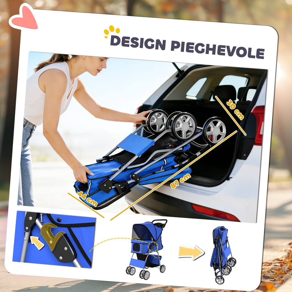 PawHut Dog Stroller, Foldable Pram for Dogs and Cats, Up to 10kg, Blue