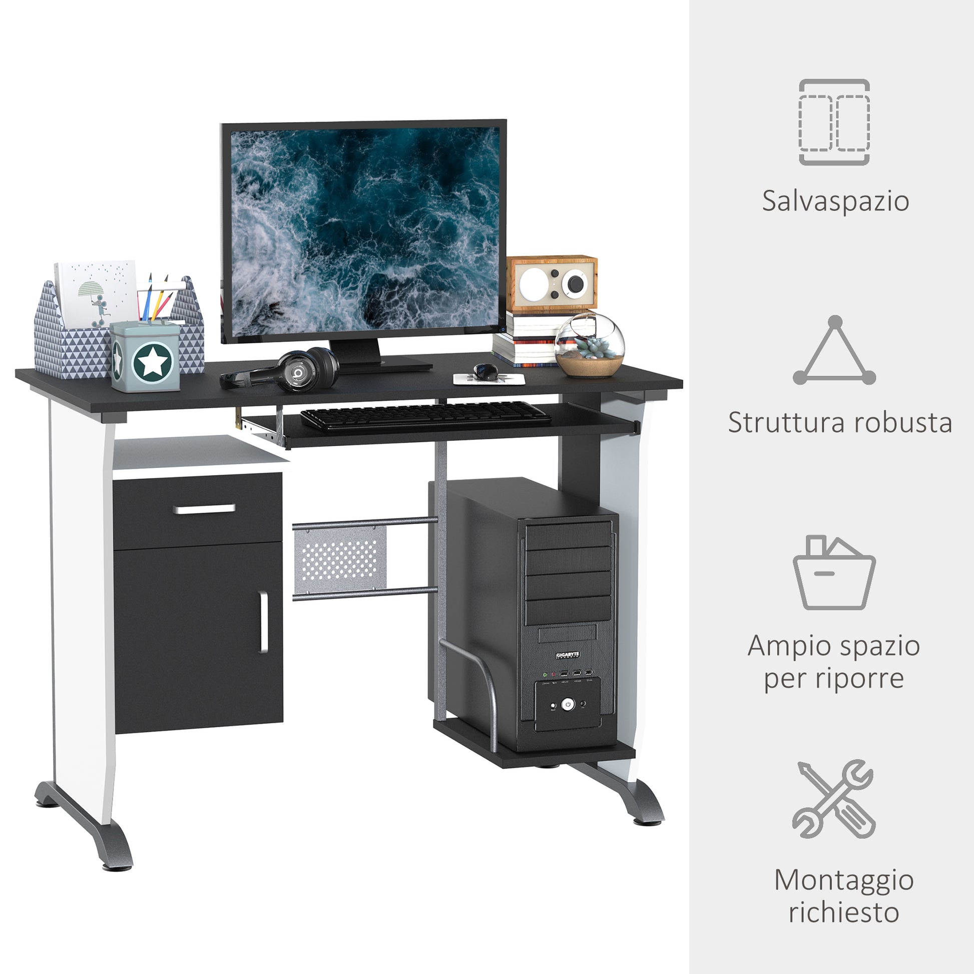 Homcom computer desk with shelf, drawer and locker, in mdf and iron, 100x52x75 cm, white and black - Borgè