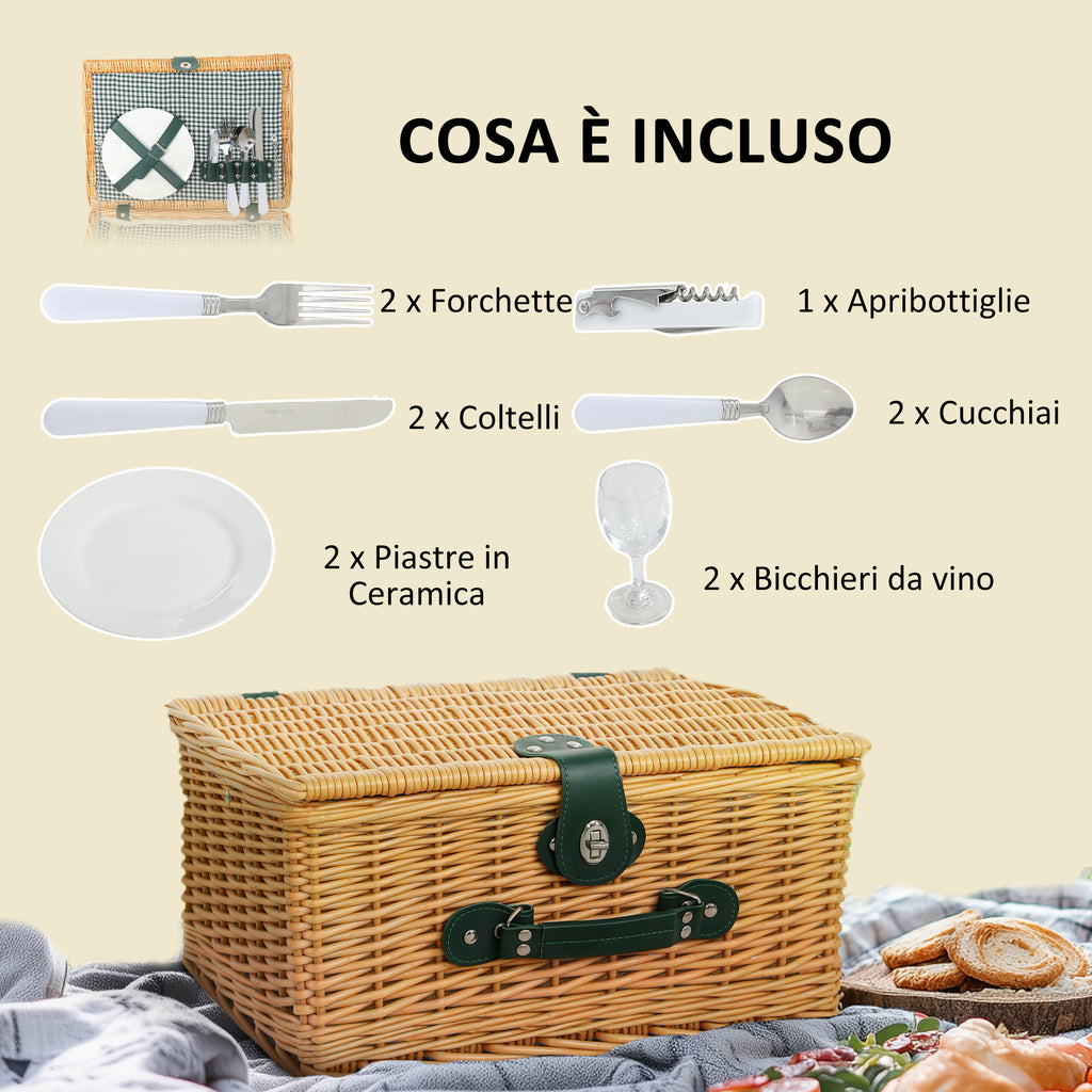 Picnic Basket for 2 People in Wicker with Thermal Area and Corkscrew, 40x30x20 cm, Light Brown