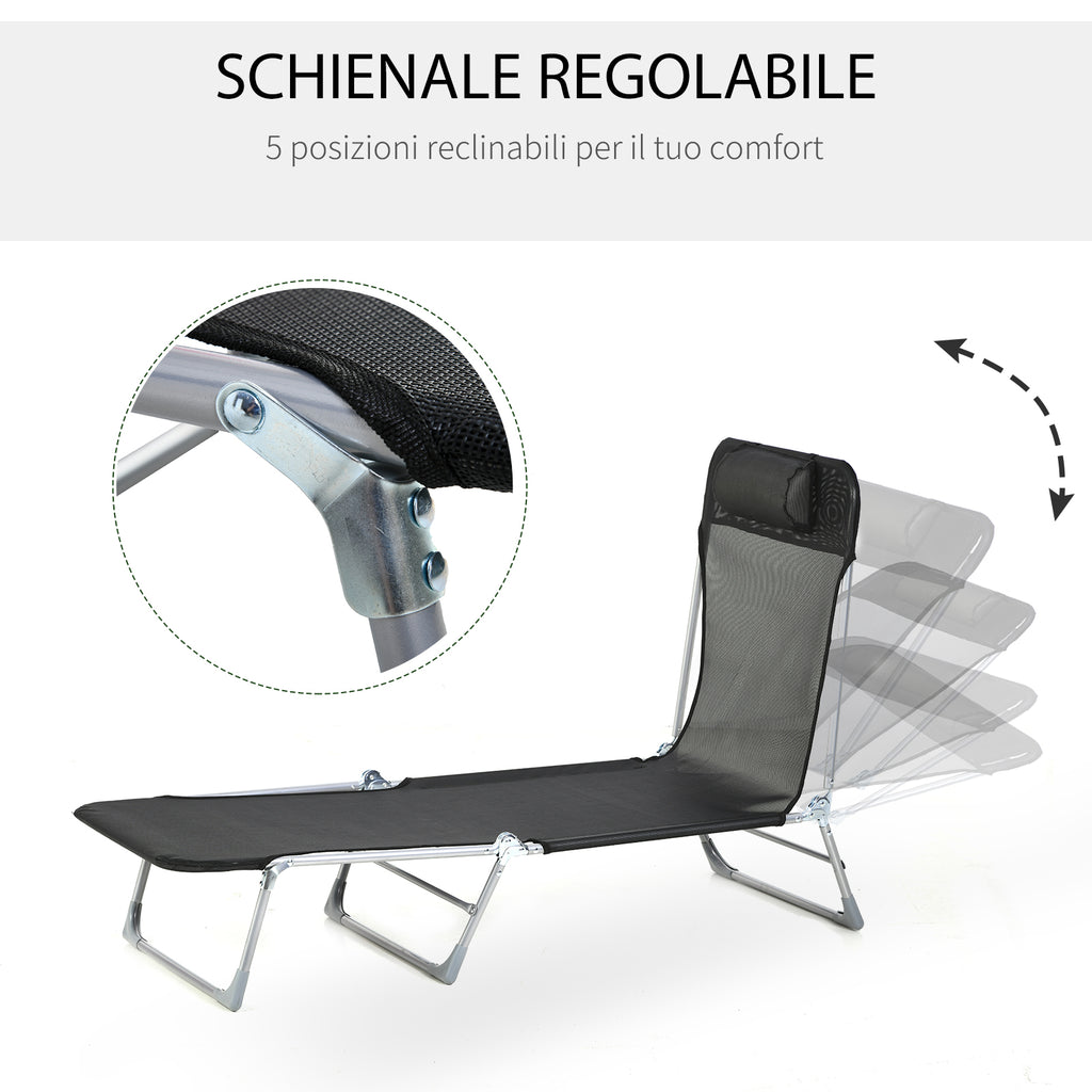 Outsunny Folding Garden Lounger with Reclining Backrest and Cushion, in Metal and Texteline, 182x56x28 cm, Black