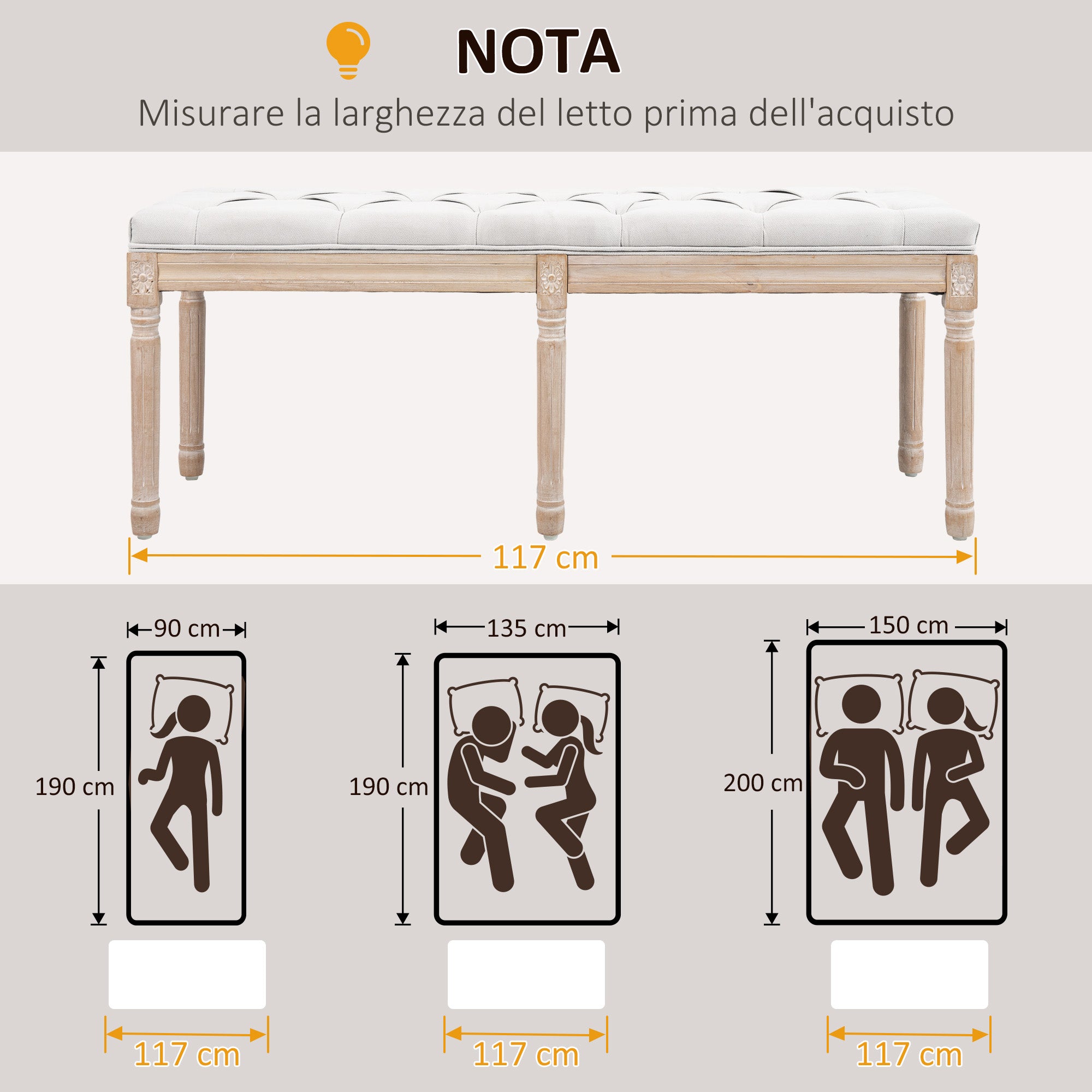 Vintage Style Upholstered Bedside Bench in Fabric and Wooden Legs, 117x40x48