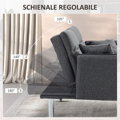 LARNACA - 3 Seater Sofa Bed with Click Clack Mechanism, Reclining Backrest and 2 Cushions, 189x91x84cm, Grey