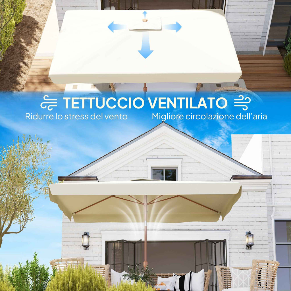 Outsunny 2x3m Rectangular Garden Umbrella with Frill Edge and Crank Handle, Metal and Polyester, Beige