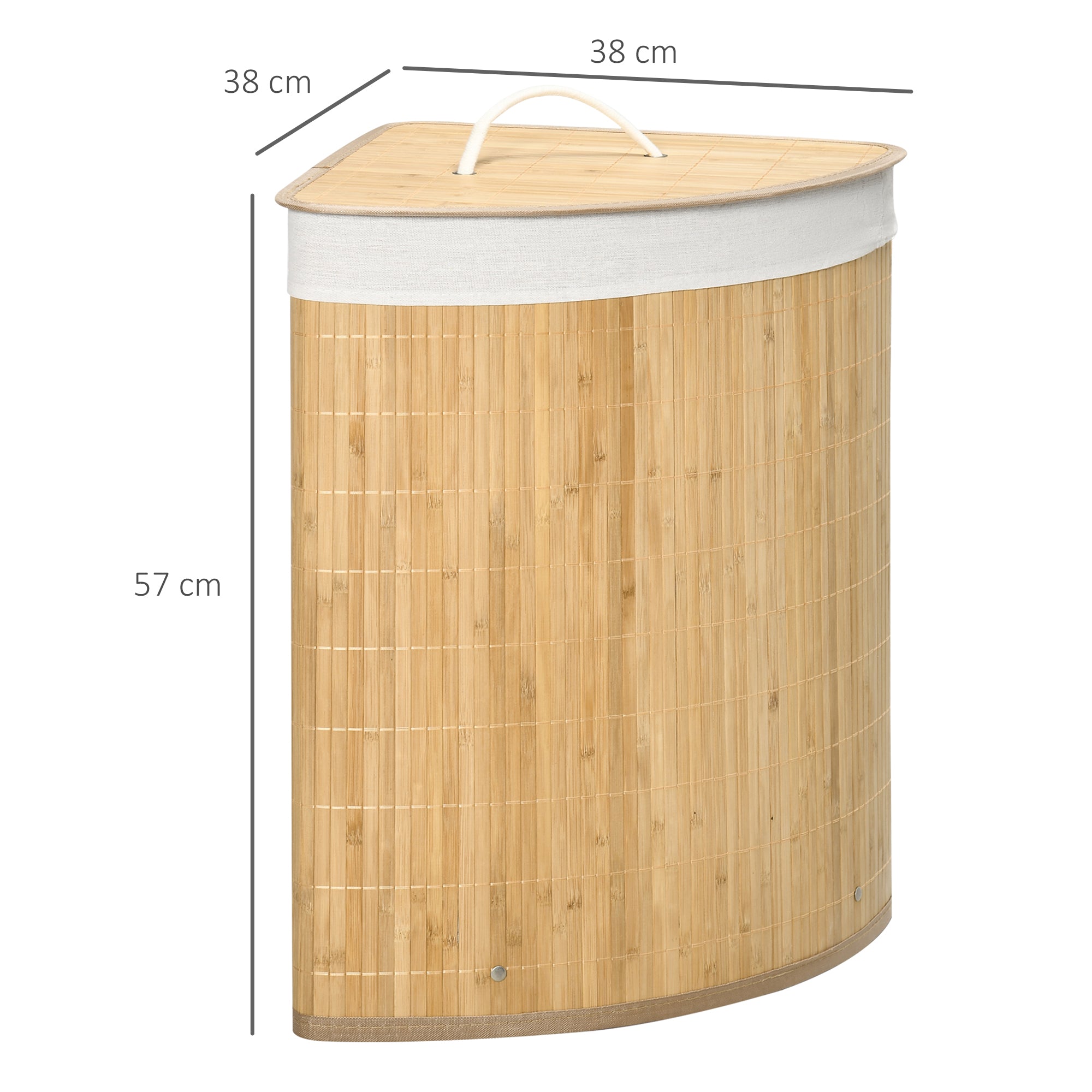 Laundry Basket with Triangular Lid in Bamboo and Fabric, 38x38x57cm, Wood Color - Borgè