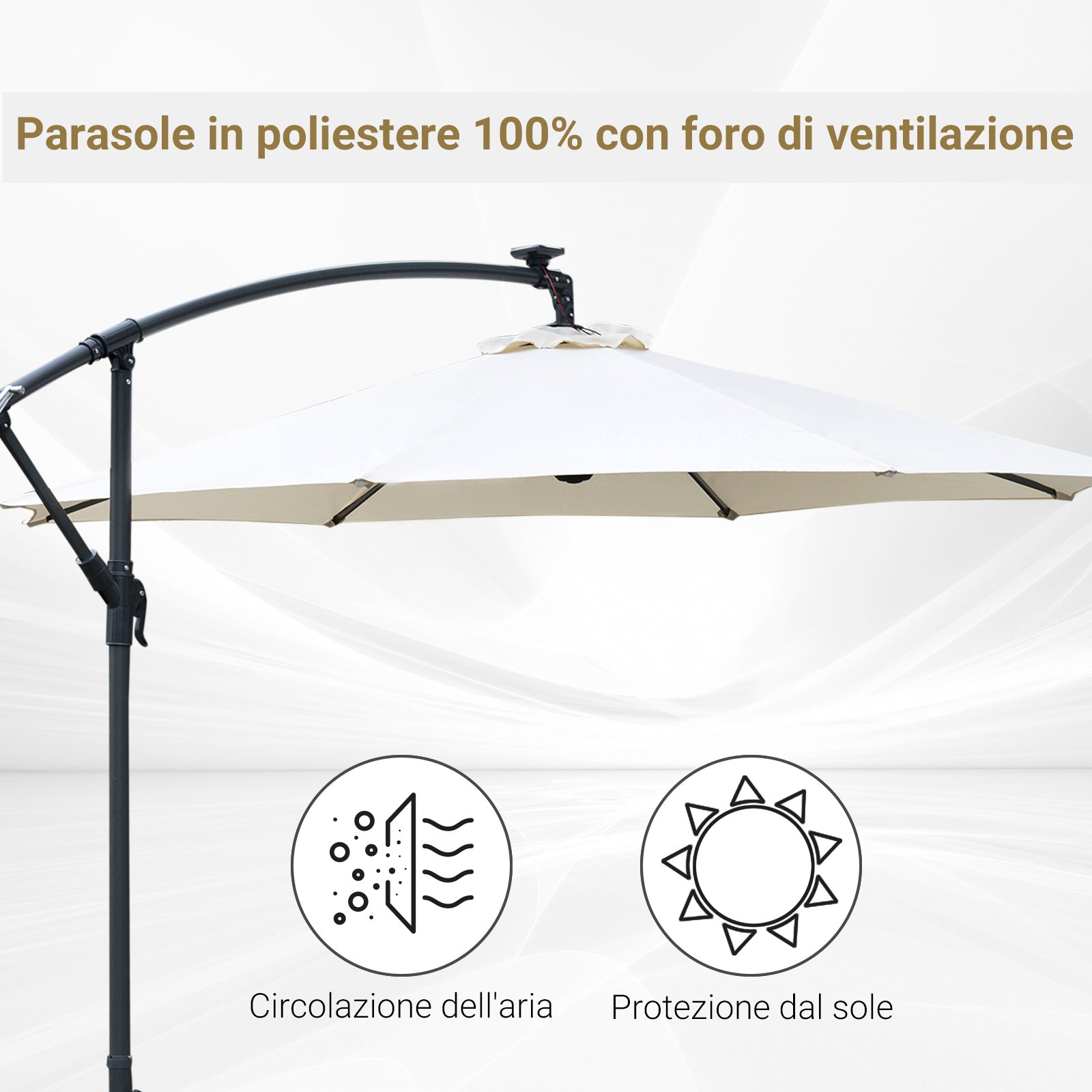 3x2.5m Garden Umbrella with Crank and 8 Solar-Powered LED Strips, Cream