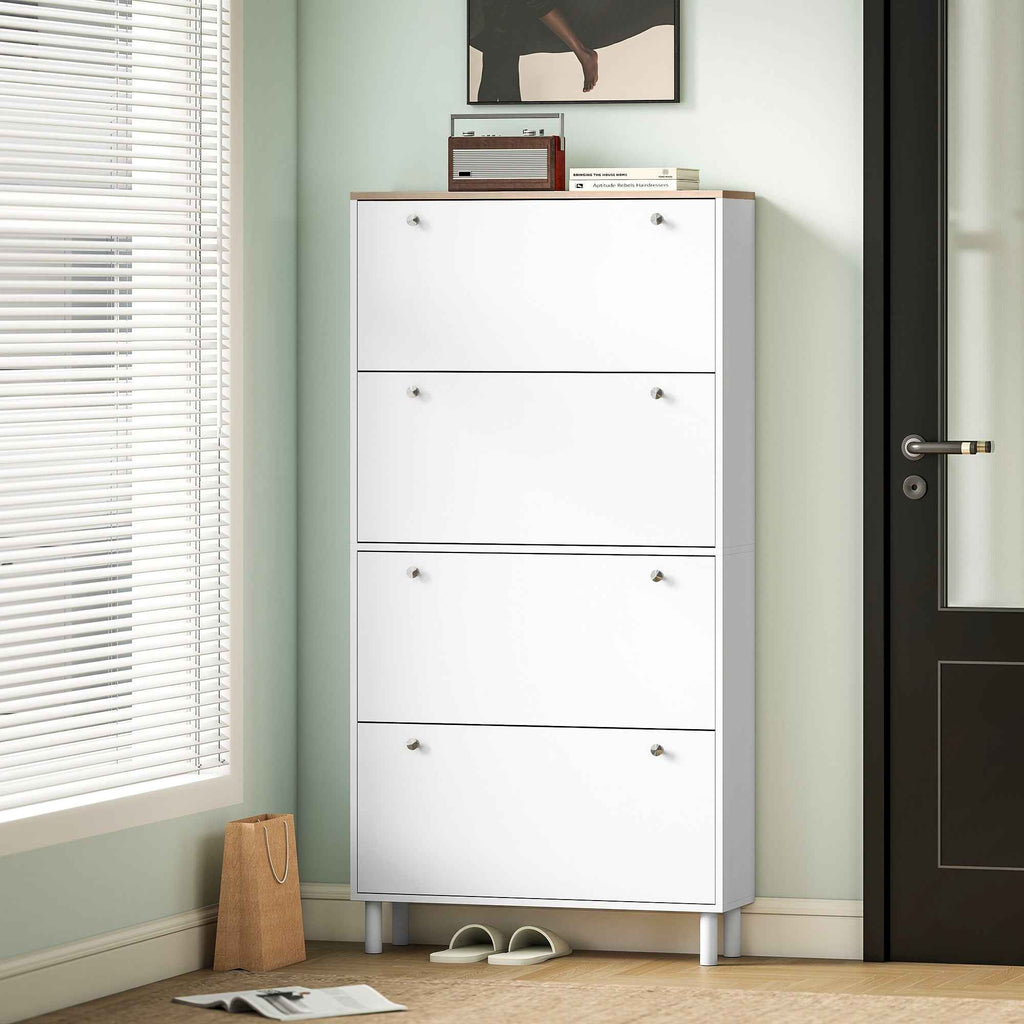 HOMCOM Slim Shoe Rack with 4 Folding Drawers and Adjustable Shelves for 24-32 Shoes, 80x23.5x157 cm, White