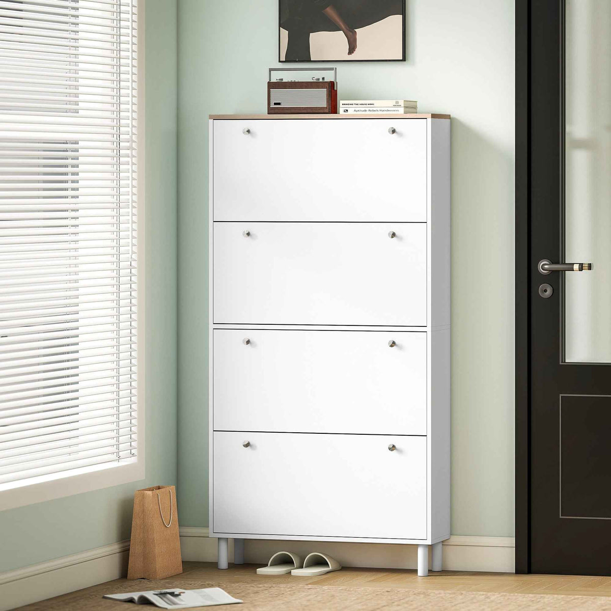 HOMCOM Slim Shoe Rack with 4 Folding Drawers and Adjustable Shelves for 24-32 Shoes, 80x23.5x157 cm, White