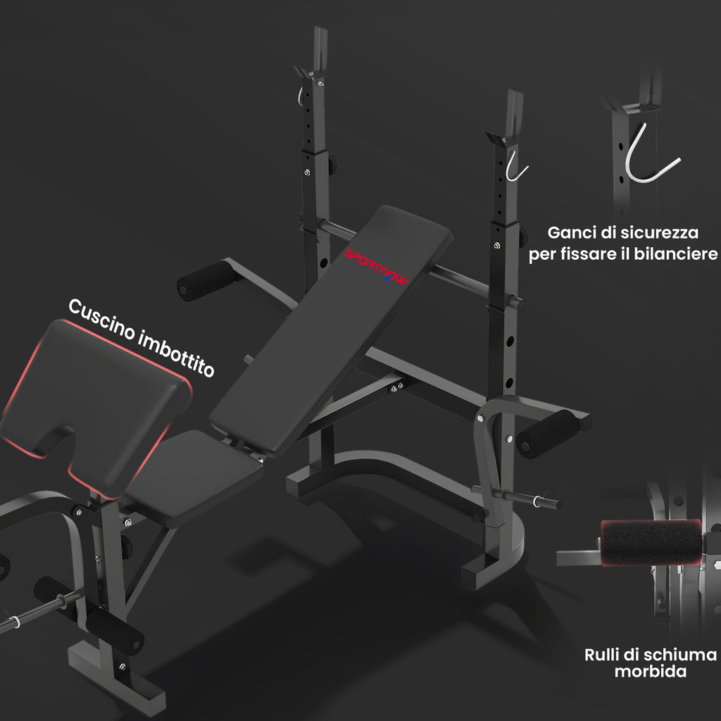 SPORTNOW Adjustable Multifunction Gym Bench with Barbell Rack with Leg Extension, Low Row, Arm Curl, Black