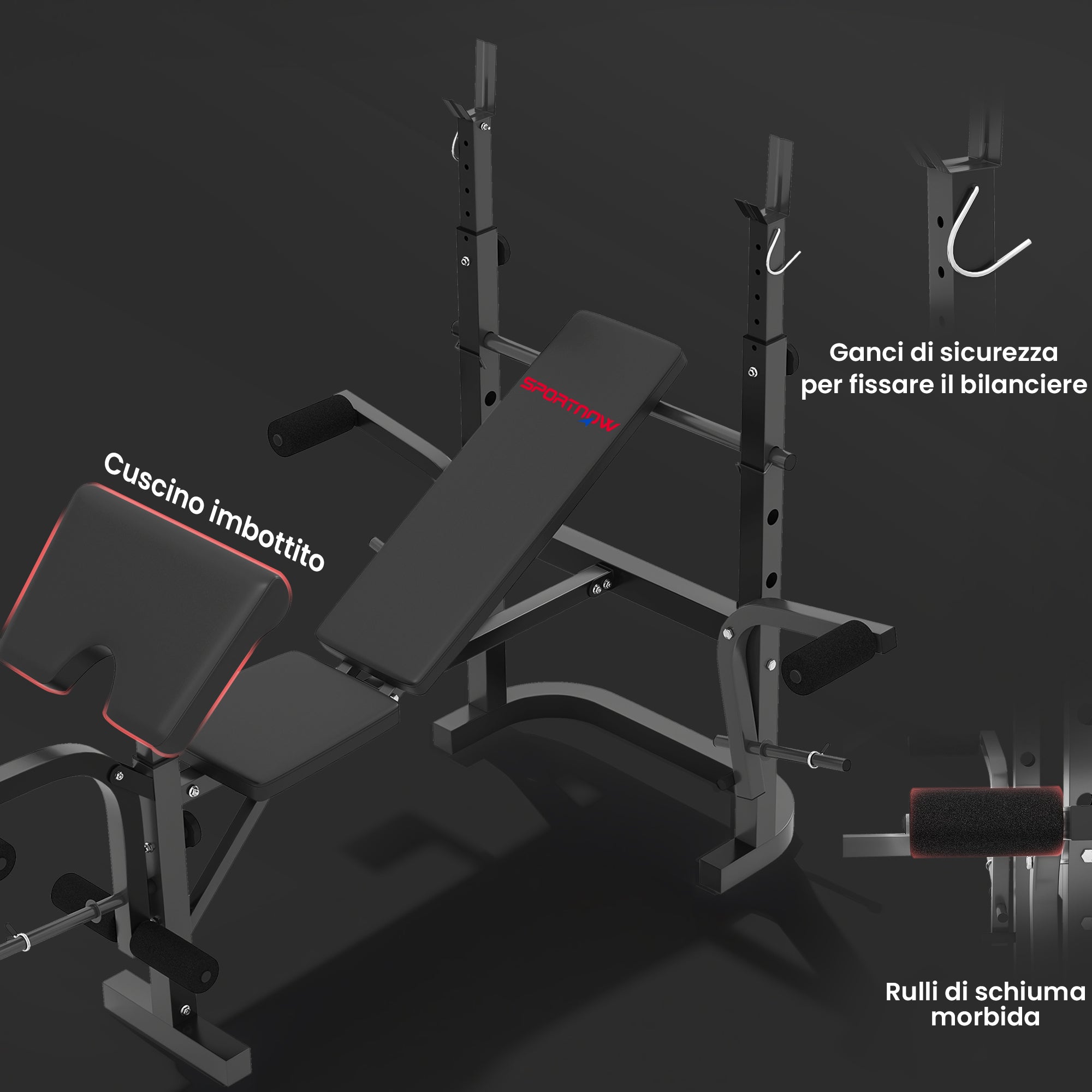 SPORTNOW Adjustable Multifunction Gym Bench with Barbell Rack with Leg Extension, Low Row, Arm Curl, Black
