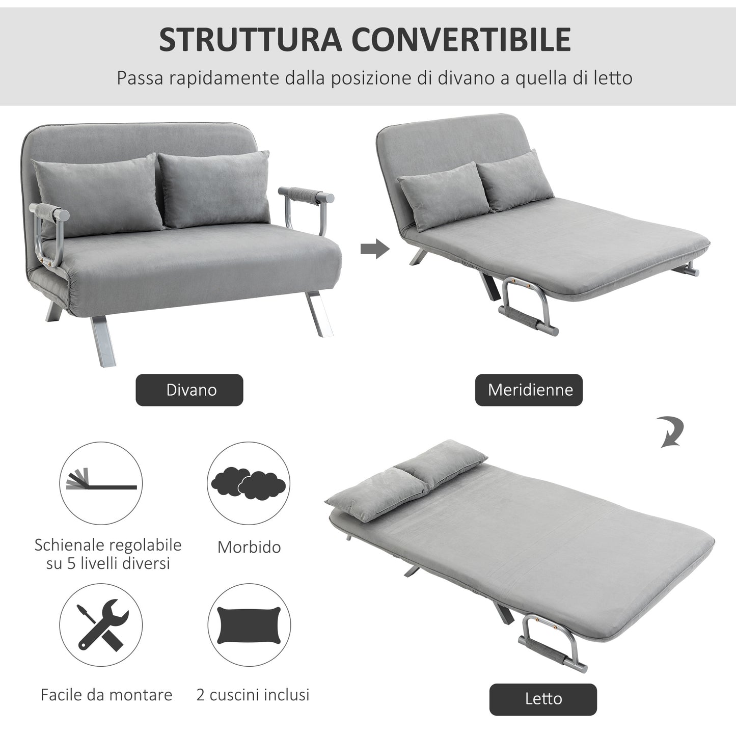 Single Sofa Bed in Faux Leather with 5-Position Adjustable Seat, 105x80x78 cm, Light Grey