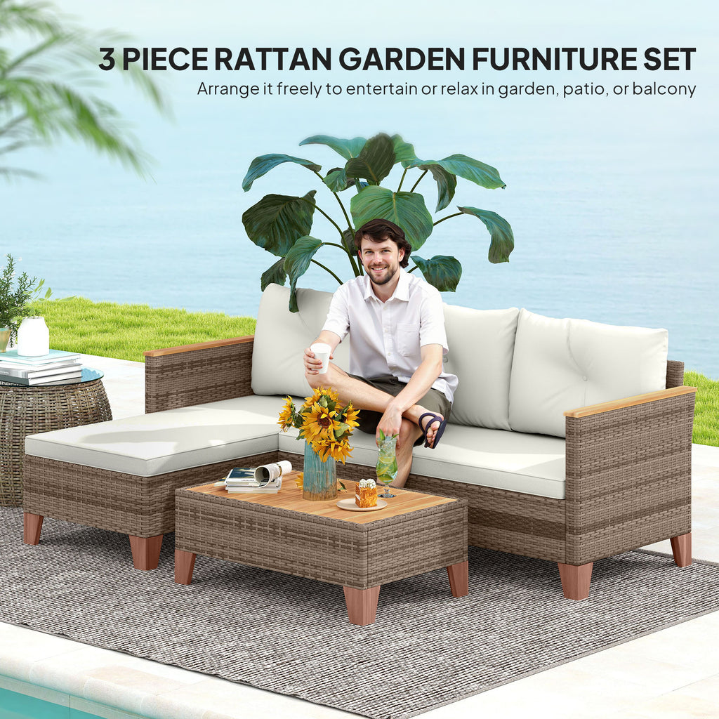 PE Rattan Garden Lounge with 2-Seater Sofa, Chaise Longue and Coffee Table, Cream