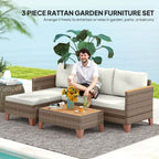 PE Rattan Garden Lounge with 2-Seater Sofa, Chaise Longue and Coffee Table, Cream