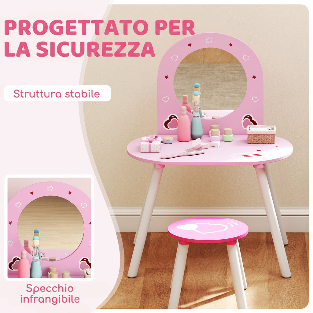 AIYAPLAY Girls' Makeup Vanity Set with Stool, Shatterproof Mirror, Heart Design, Pink