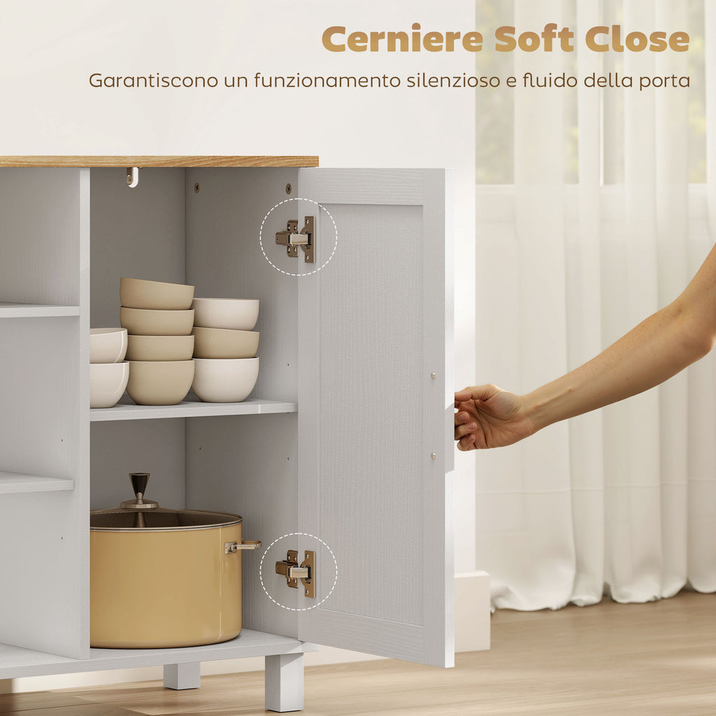 Kitchen Sideboard with Soft-Close Doors, 2 Cupboards and Open Wooden Compartment, 110x33x75 cm, White