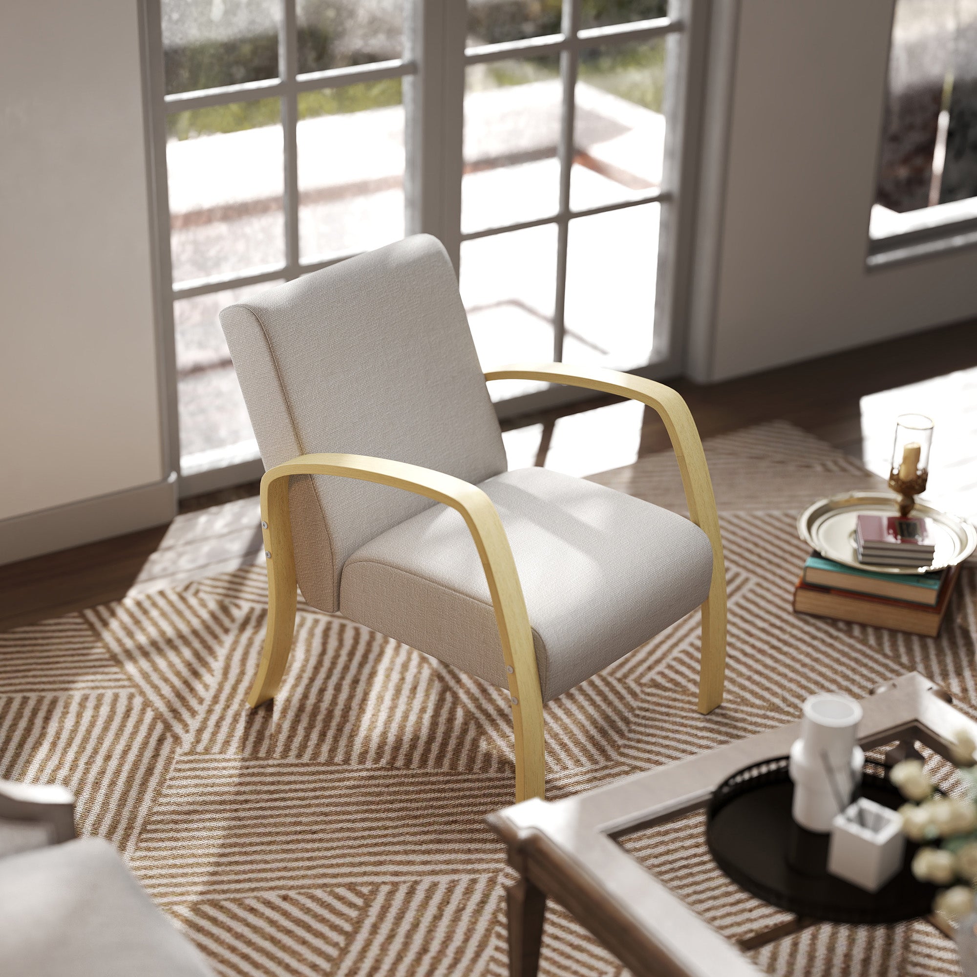 Modern Scandinavian Style Upholstered Fabric and Birch Wood Armchair, Grey