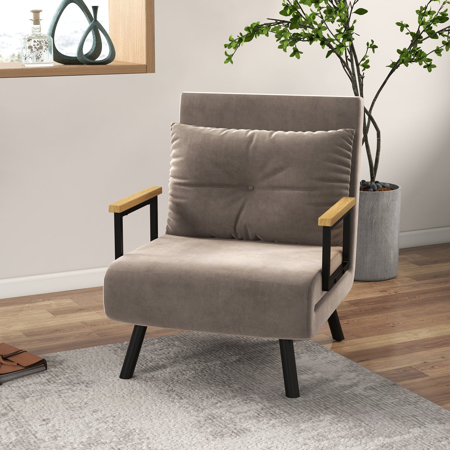 Velvet Light Brown, 3 in 1 Padded Armchair Bed with Reclining Backrest in 5 Positions and Cushion, 63x73x81 cm, Light Brown