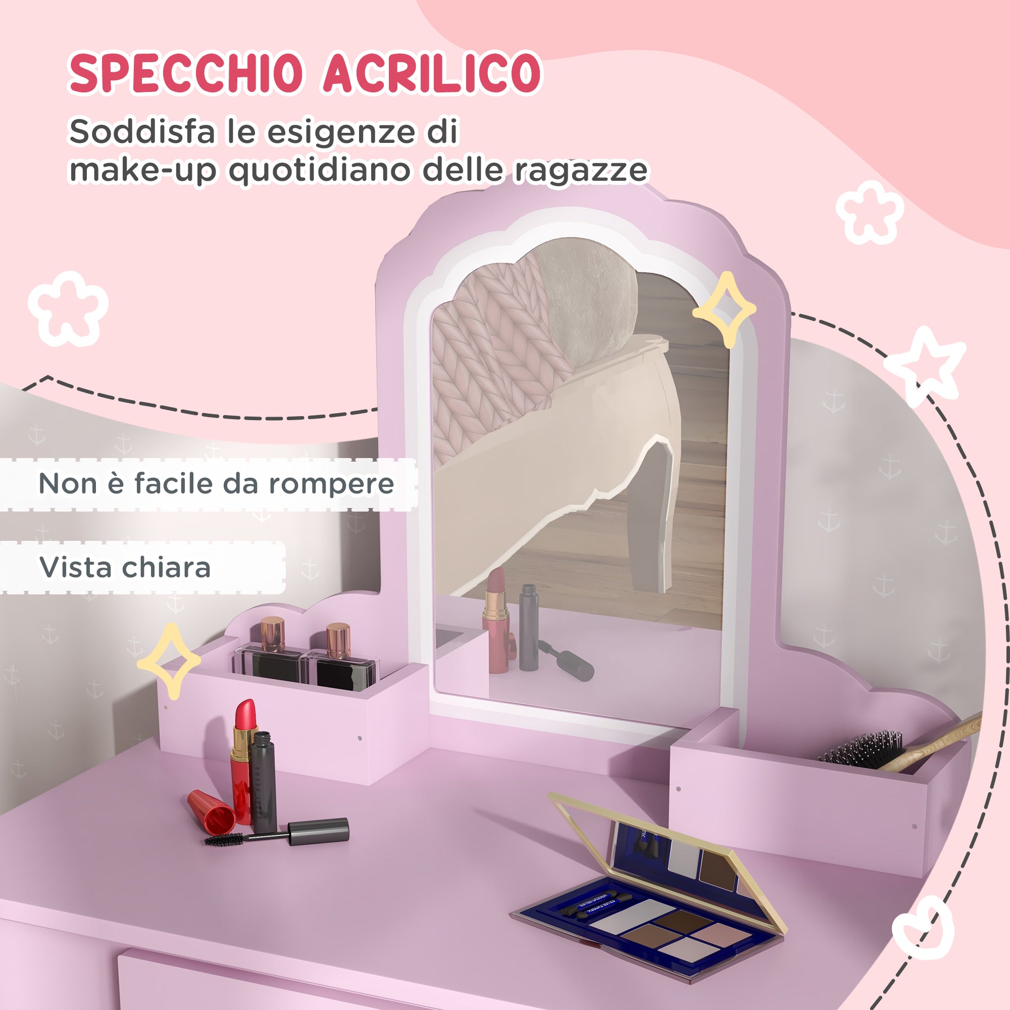 Girls' Dressing Table Set with Makeup Mirror and Matching Wooden Stool, Drawer and Storage, Pink