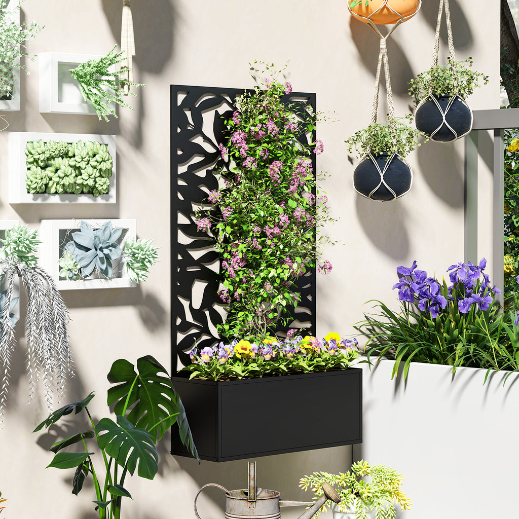 Outsunny Steel Planter with Trellis for Climbing Plants, Wall or Ground Mounting, 61x23x113 cm, Black