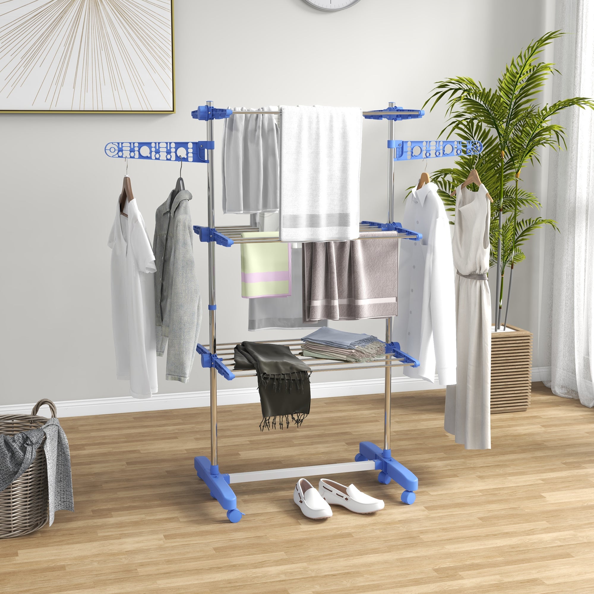 Vertical Drying Rack with 3 Adjustable Shelves, in Steel and Plastic, 142x55x152 cm, Blue and Silver