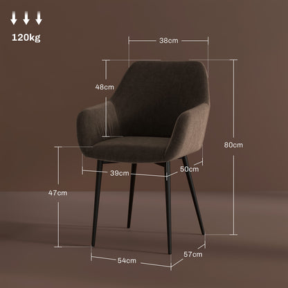 Set of 2 Nordic Dining Chairs Padded with Curved Armrests in Velvet Effect Fabric, 54x57x80 cm, Brown