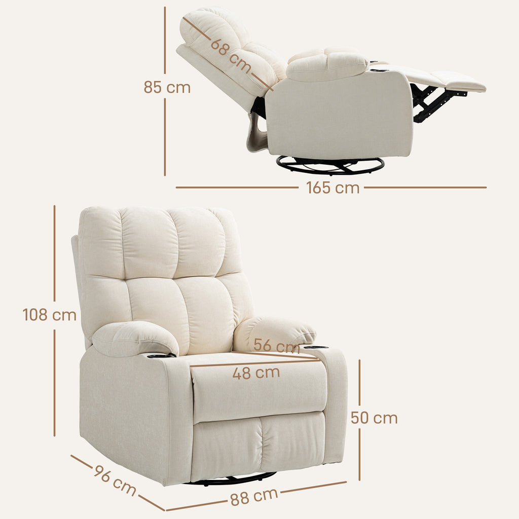 135° Reclining Chair with Cup Holder and Footrest, Linen Effect Fabric, 88x96x108 cm, Beige
