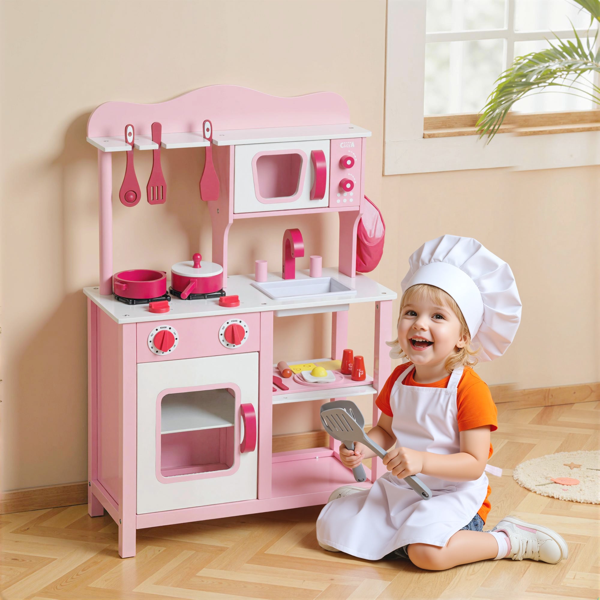 Toy Kitchen for Children 3+ Years with Microwave, Hob and Sink, Made of Wood, 55x24x86 cm, Pink