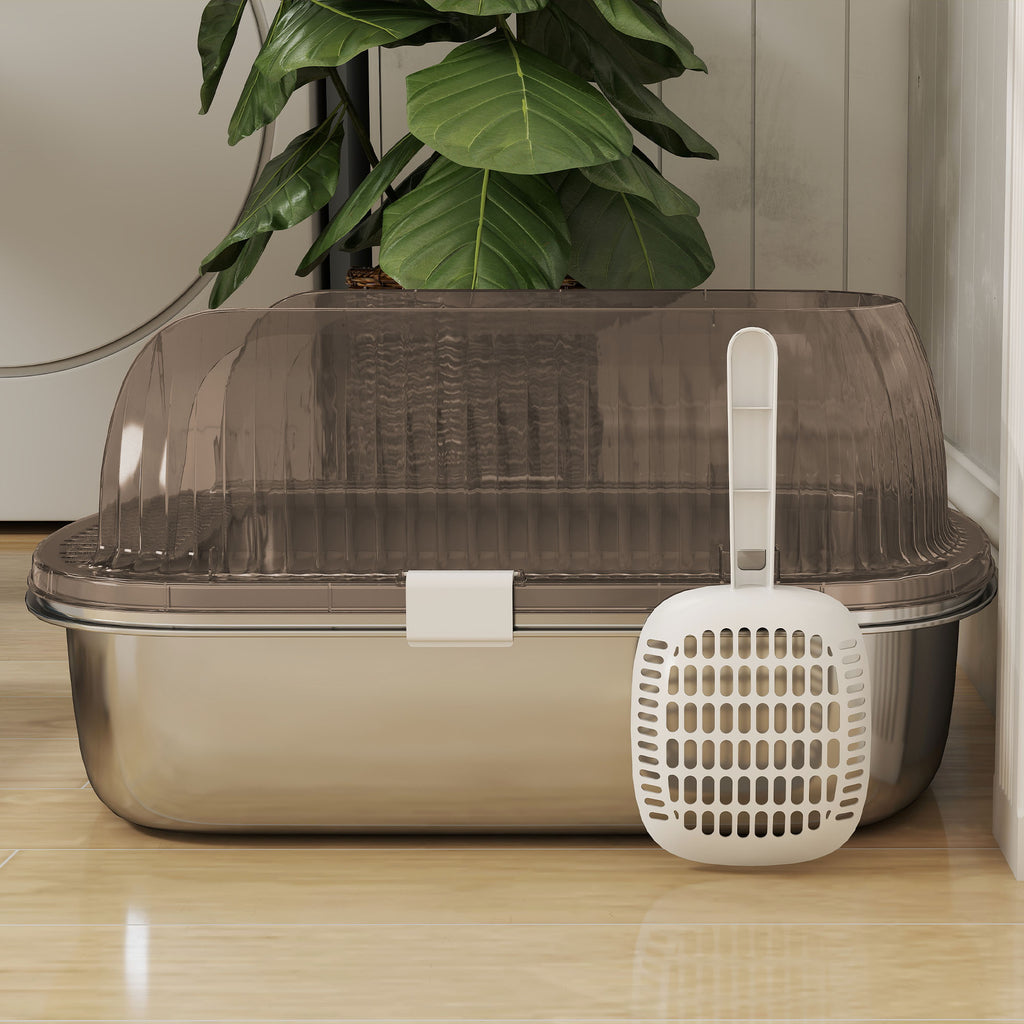 PawHut Extra Large Cat Litter Box with Stainless Steel Tray, Scoop, High Edges, Up to 15 kg, Charcoal Grey