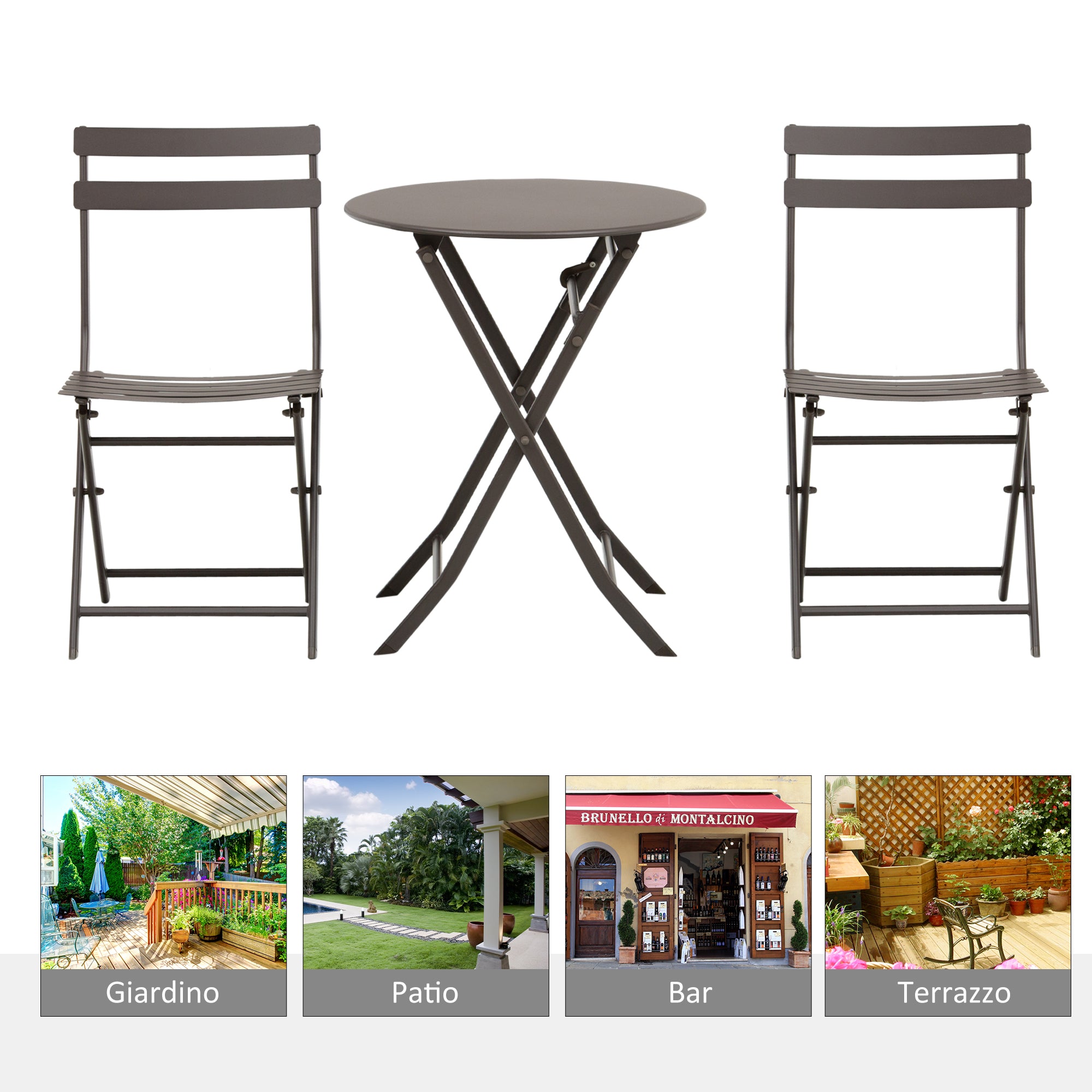 3-Piece Folding Garden Table and Chairs Set, Brown Steel, for Balcony, Terrace, Outdoor