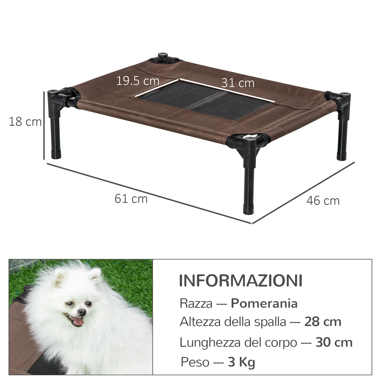 PawHut Raised Dog Bed with Breathable Seat, in Steel and Fabric, 61x46x18 cm, Black and Coffee - Borgè