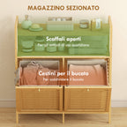 Bamboo and Polyester Laundry Hamper with 2 x 41L Baskets and 2 Shelves, 82 x 33 x 88 cm, Wood and Cream Color