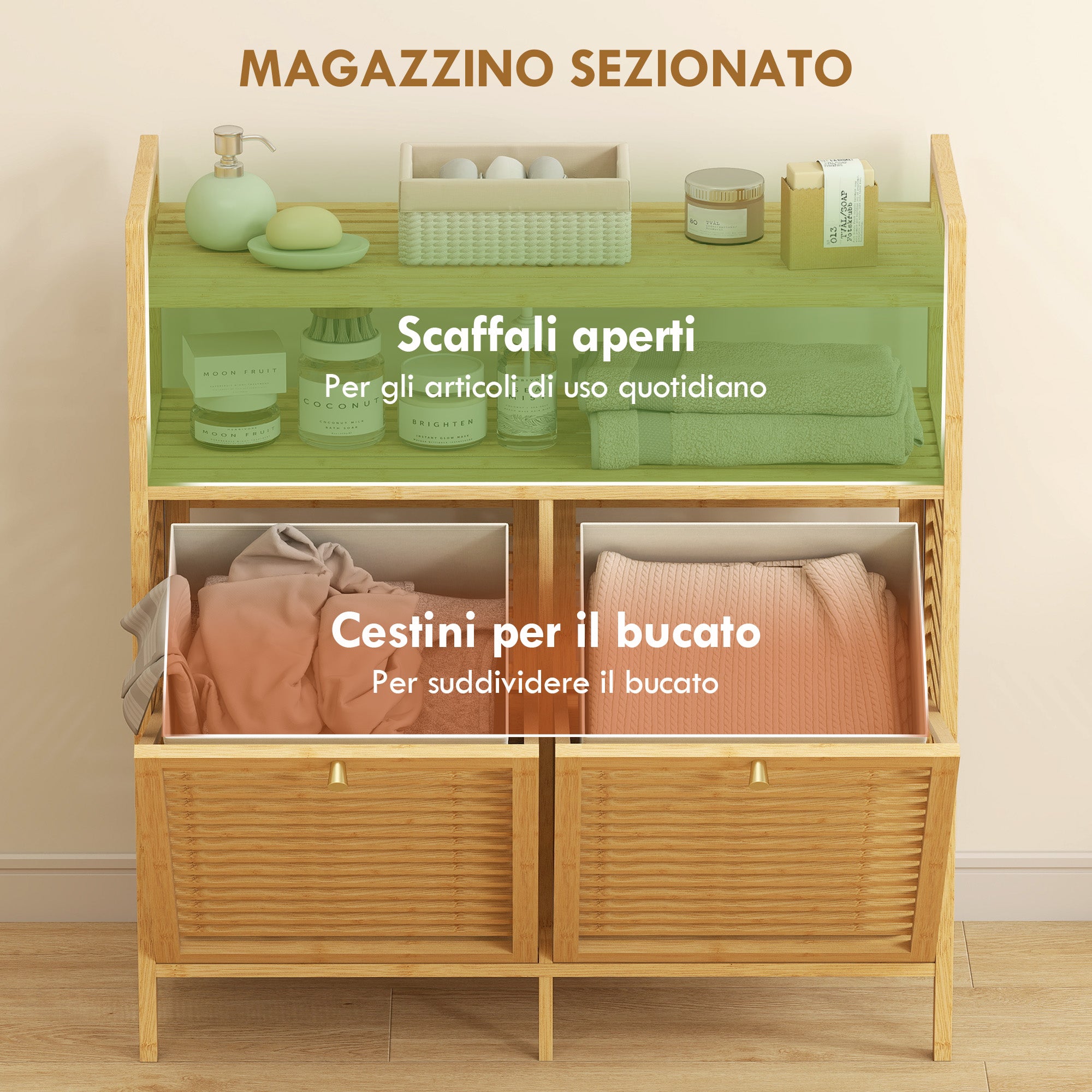 Bamboo and Polyester Laundry Hamper with 2 x 41L Baskets and 2 Shelves, 82 x 33 x 88 cm, Wood and Cream Color