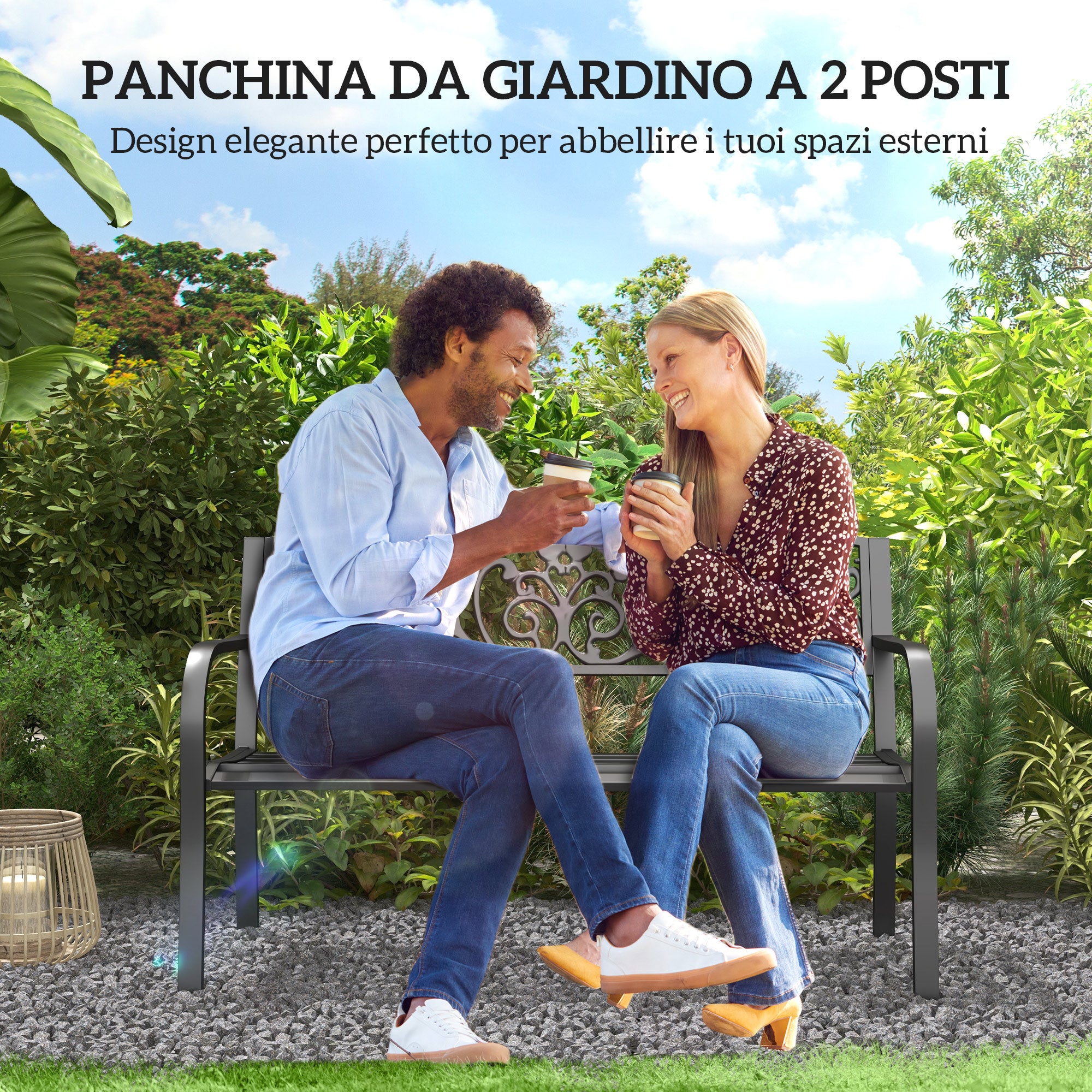 Metal Garden Bench with Decorated Backrest, 127x60x87cm - Black