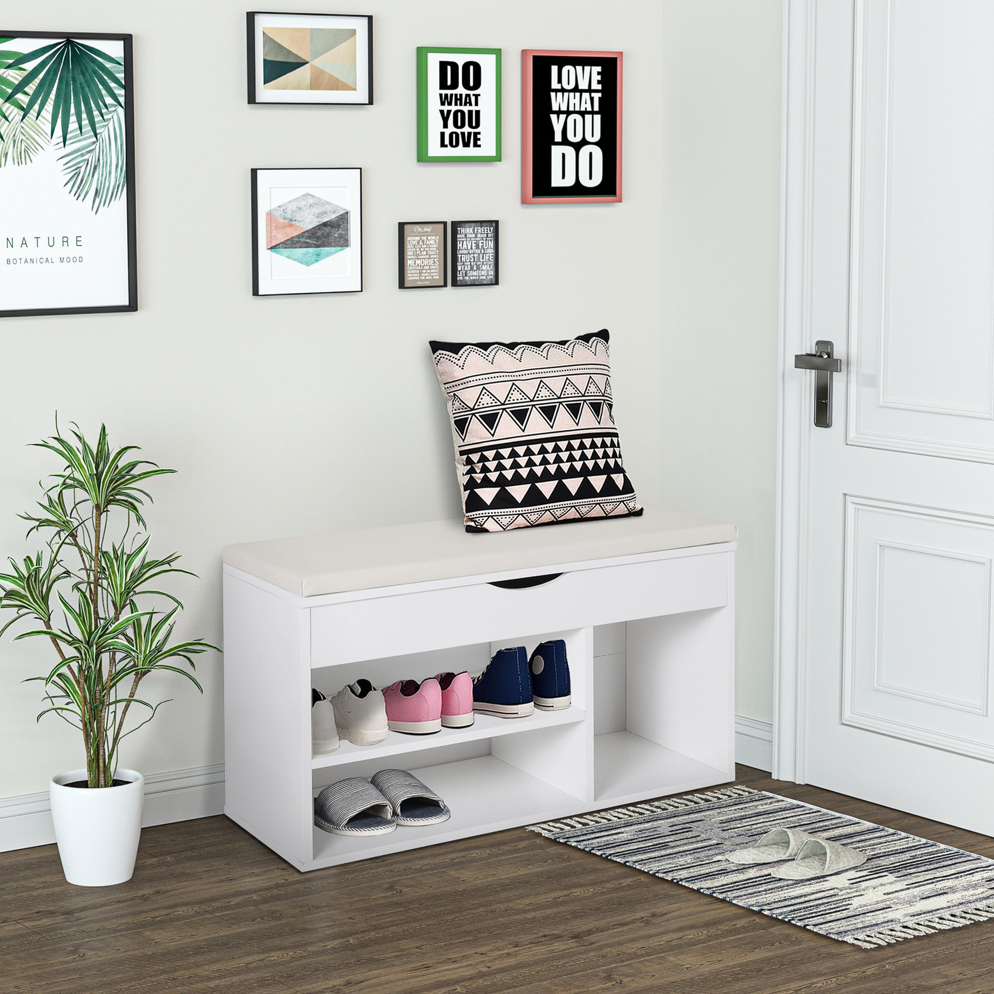 HOMCOM Shoe Bench, Space-Saving Entryway Shoe Rack with Folding Padded Seat, Wood, 80x30x47cm, White