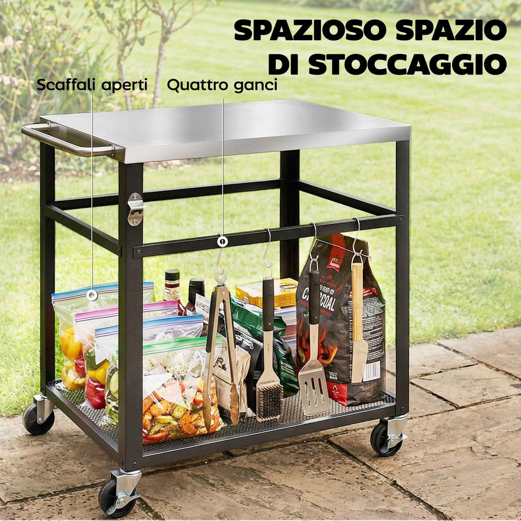 Outsunny BBQ Cart with Stainless Steel Top, 4 S-Hooks, Handle and Bottle Opener, 82x55x79 cm, Black