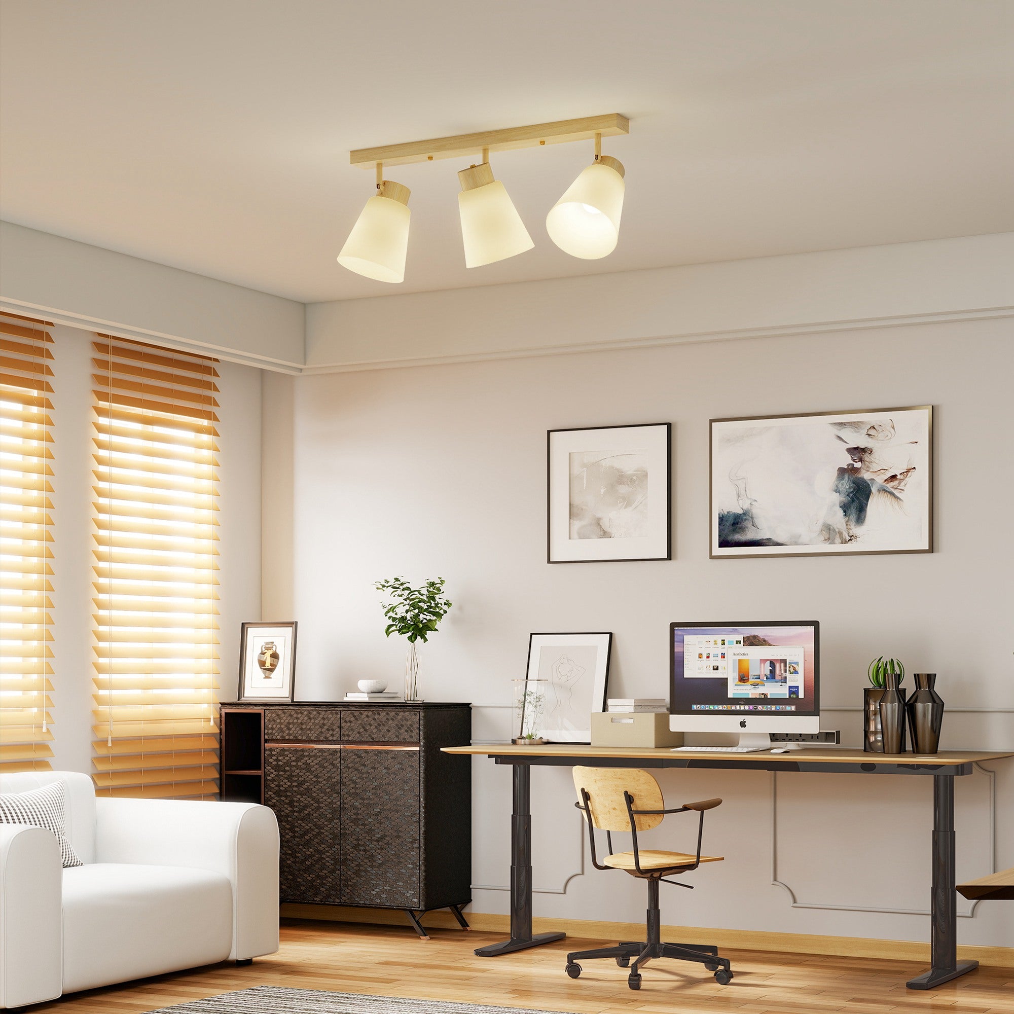 Ceiling Lamp with 3 Adjustable Light Points at 90° and E27 Sockets, Wood Color