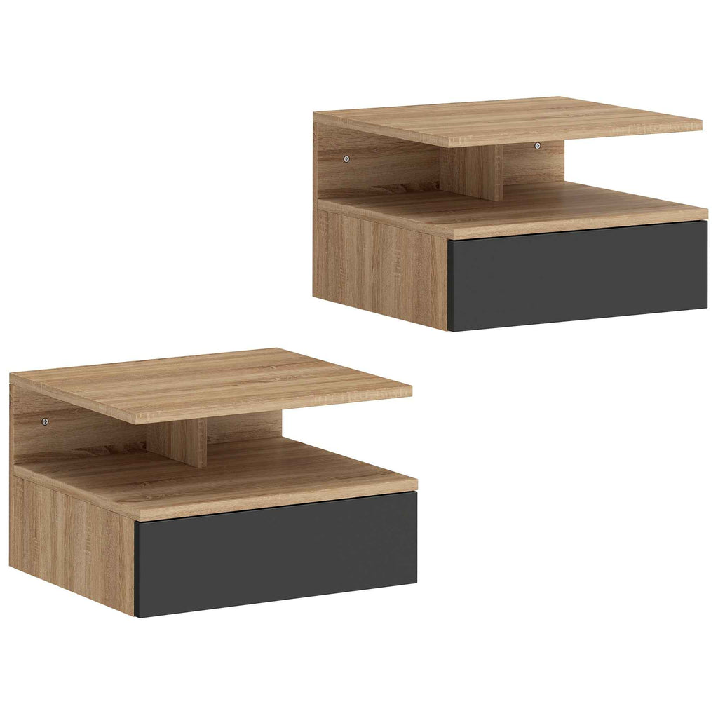 HOMCOM Set of 2 Floating Bedside Tables with Drawer and Open Shelf, 35x32x22.5 cm, Black and Oak