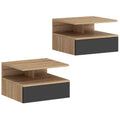 HOMCOM Set of 2 Floating Bedside Tables with Drawer and Open Shelf, 35x32x22.5 cm, Black and Oak