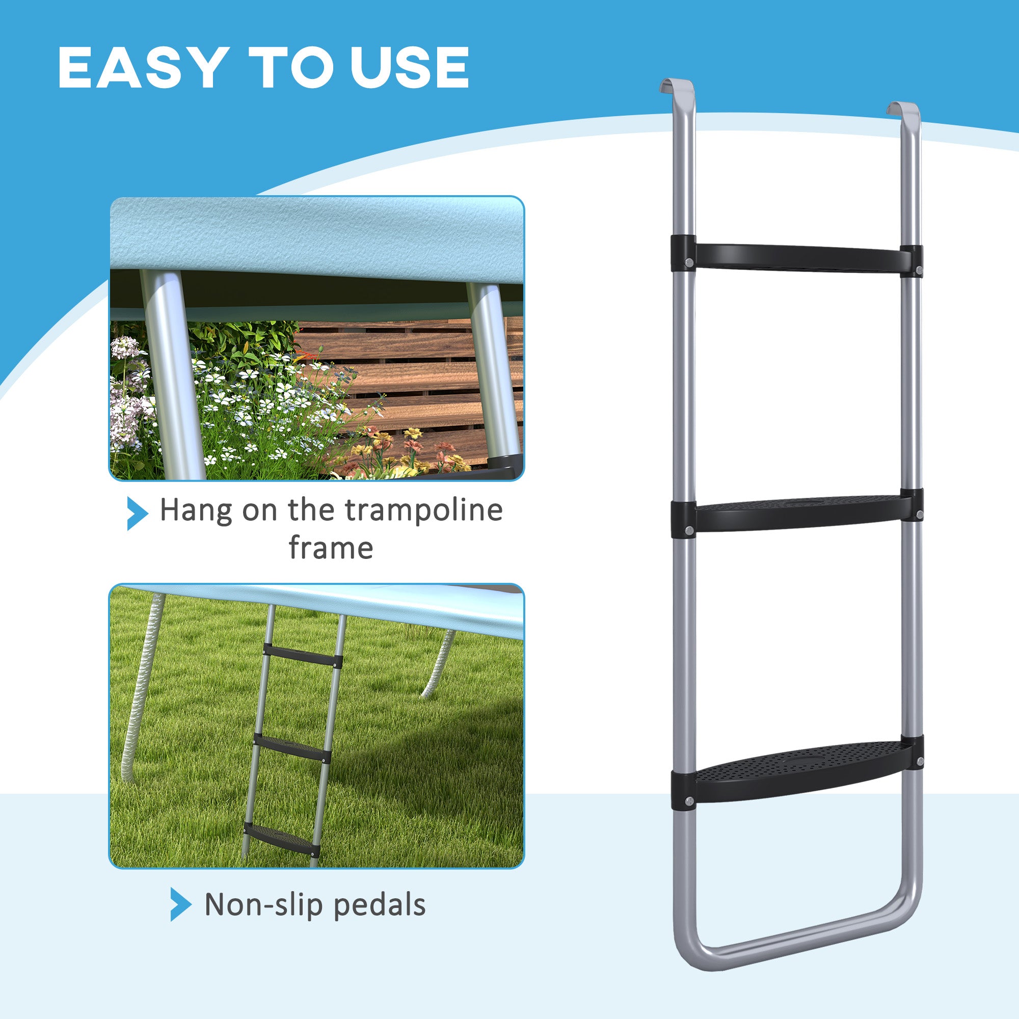 Adjustable Elastic Trampoline Ladder with 3 or 2 Steel Steps, 97x32cm, Silver - Borgè