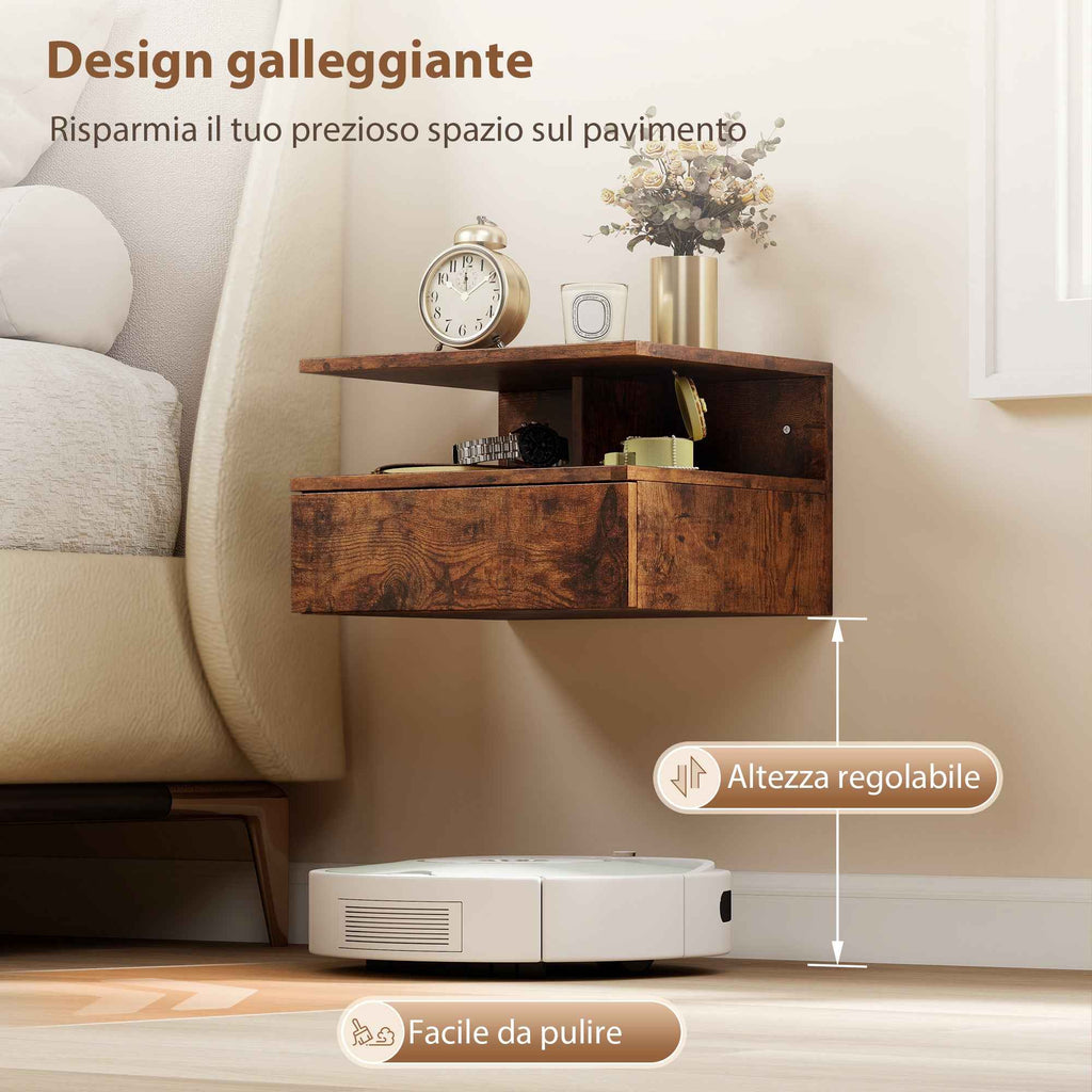HOMCOM Set of 2 Floating Nightstands with Drawer and Open Shelf, 35x32x22.5 cm, Rustic Brown
