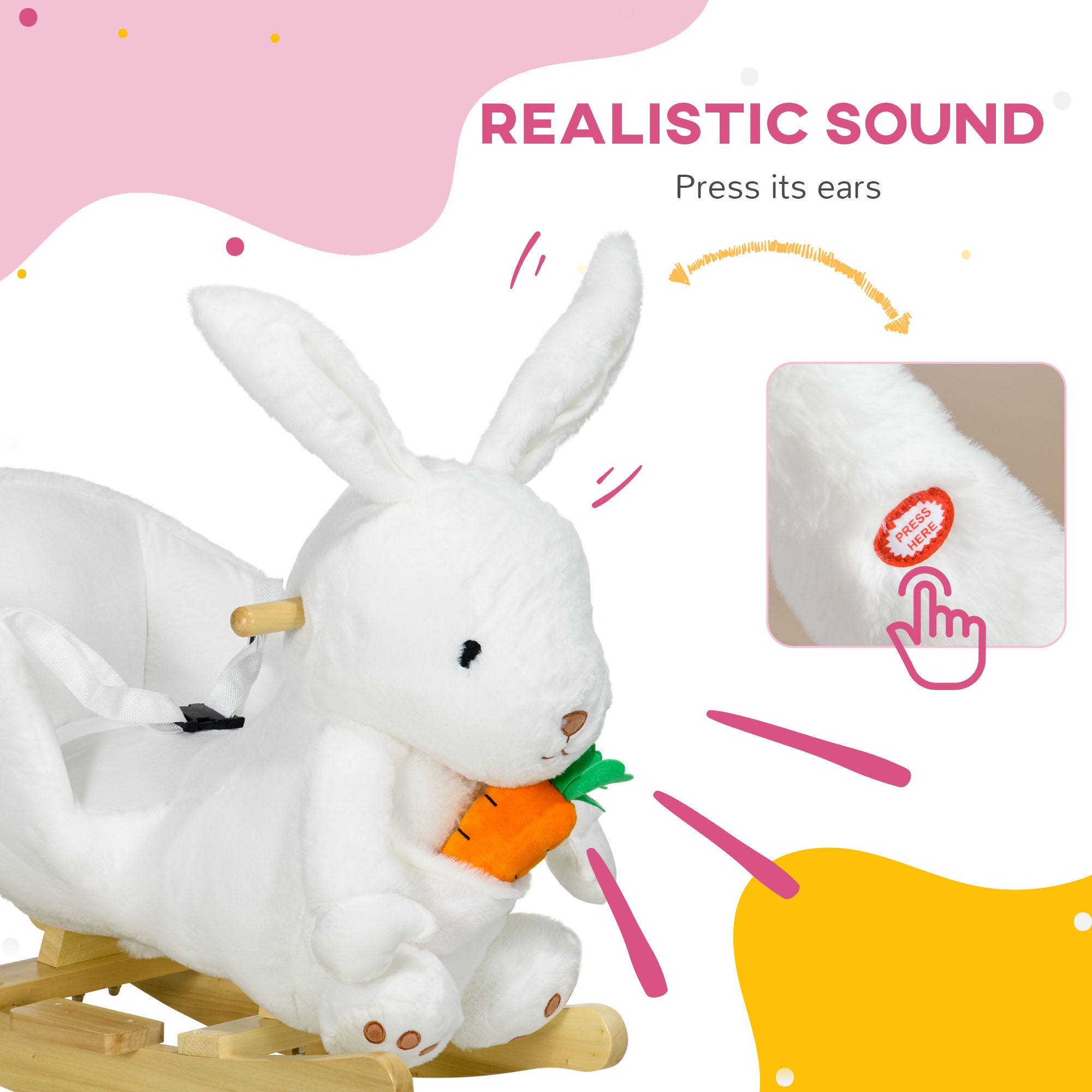 Rabbit Rocking Animal with Sounds and Safety Belt, 60x33x50 cm, White - Borgè