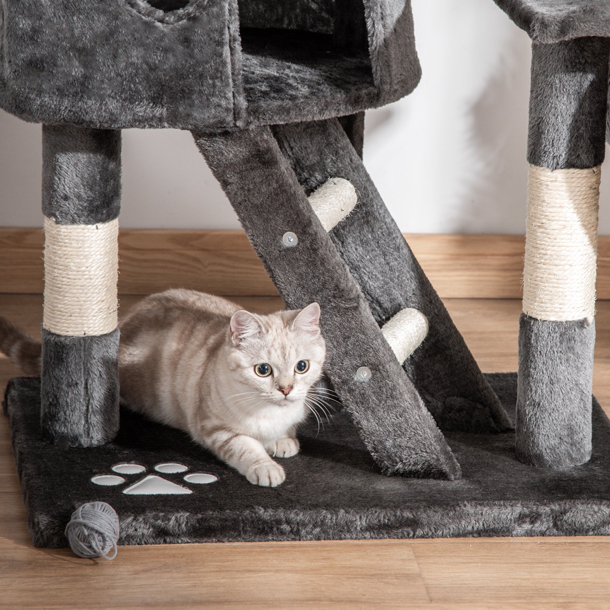 Multi-Level Ceiling Cat Scratching Post with Adjustable Height 240-260cm, with Kennels and Ladders, Grey