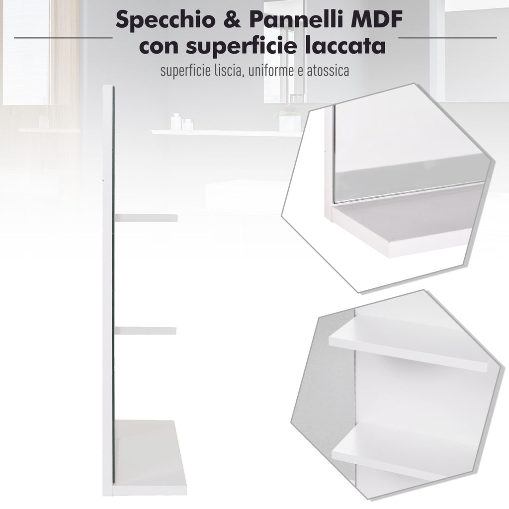 kleankin Bathroom Wall Cabinet 60 x 10 x 48cm, with Mirror and 3 Shelves, White MDF Wall Cabinet