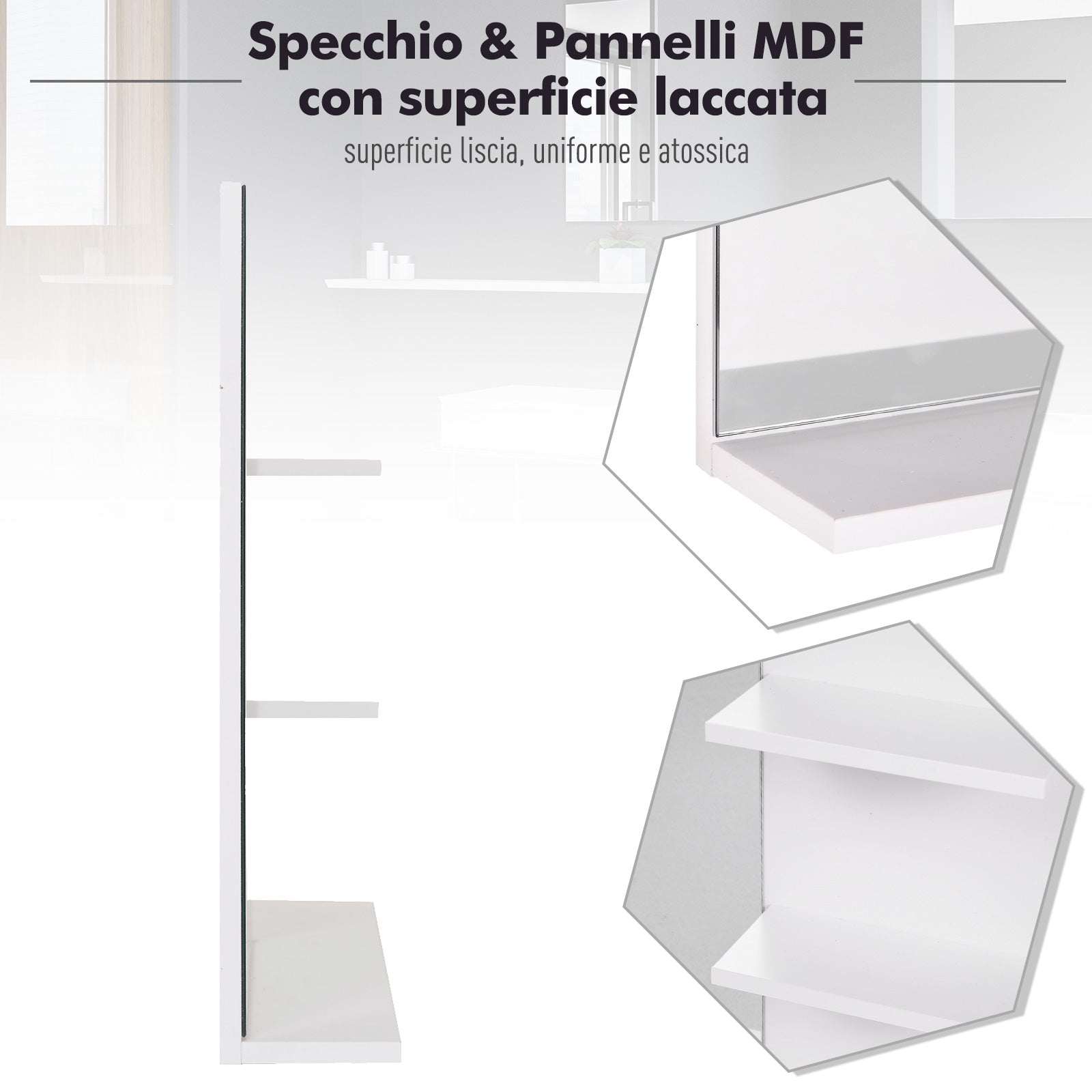 kleankin Bathroom Wall Cabinet 60 x 10 x 48cm, with Mirror and 3 Shelves, White MDF Wall Cabinet